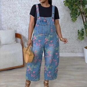 Floral Print Denim Overalls - Blue with Pink Flowers